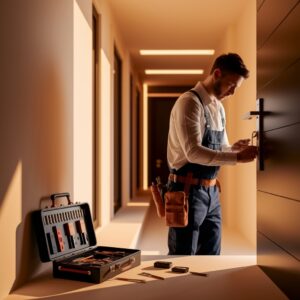 Professional locksmith repairing a door lock in a modern home.