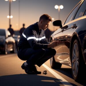 Locksmith unlocking a car door in a parking lot at night.